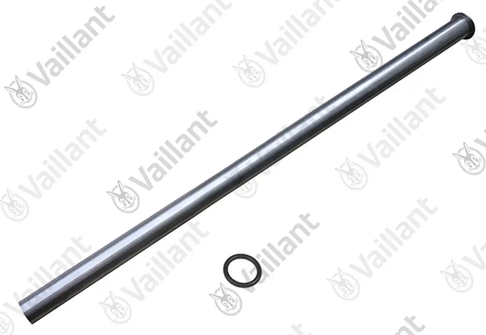 Langes, gerades Metallrohr mit einem Dichtungsring, gekennzeichnet mit dem Logo von Vaillant.